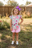 Chic Floral printed top pink shorts 2pc girl boutique set DLH1215-15 A3S1)