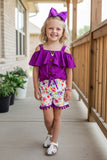 Trendy Purple top & floral printed shorts 2pc girl boutique set DLH2353( A3S6)