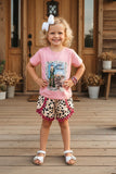 Western leopard pink top & pompoms shorts girls boutique sets DLH2760 (A3S7)