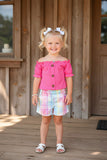 Chic Pink ribbed knitted fabric top & plaid shorts girls boutique sets DLH2867 (A4S2)