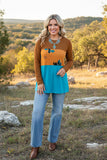 Western ginger & cactus print & blue women's boutique top GJQ13400 (DS4)