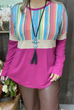 BQ8212 Fuchsia/tan serape printed color block long sleeve top  (ES6)