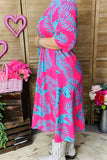 GJQ15990 Mint leaves printed the fuchsia women dress short sleeve w/side pockets &elastic waist band