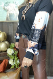 GJQ14402 Black cow prints & sequin long sleeves women tops w/cross line wholesale(DS3)