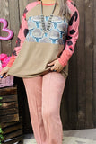 XCH14270 Bull & leopard color blocked raglan long sleeve women tan tops (DS9)