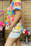 XCH15927 Multi color leaves printed short sleeve women tops w/white lace trim