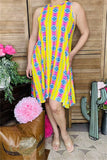 BQ10655 Yellow/pink Aztec multi color printed sleeveless dress w/pockets