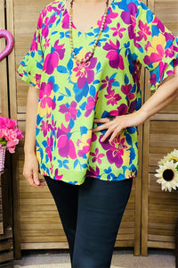 BQ15859 Teal&Turquoise multi color floral printed short sleeve w/double ruffle women mints tops