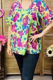 BQ15859 Teal&Turquoise multi color floral printed short sleeve w/double ruffle women mints tops