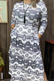 GJQ15566 Aztec gray printed 3/4 sleeve two sides split w/sides pockets women long dresses