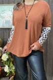 DLH15443 Brown women tops long sleeve/leopard printed&beige lace