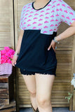 DLH9954 Pink hats block black printed short sleeve with front pocket women tops (GS9)