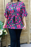 GJQ15596 Fuchsia/turquoise Floral printed double ruffle short sleeve women top