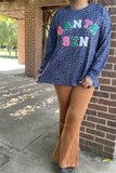 XCH15610 "SANTA SZN"letters patch&navy leopard printed long sleeve women tops