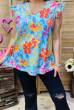 GJQ15909 Coral&yellow floral multi color printed short sleeve w/ruffle V-neckline women tops