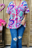 BQ15864 Mint&fuchsia floral multi color printed short sleeve women tops
