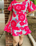 XCH15002 Fuchsia floral multi-color printed ruffle short sleeves/pocket for women dress