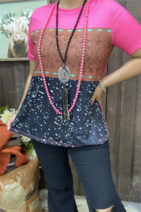 XCH15330 Paisley&white dots w/black fuchsia block color printed short sleeve women tops