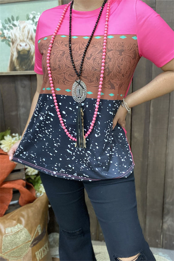 XCH15330 Paisley&white dots w/black fuchsia block color printed short sleeve women tops