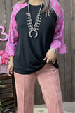 GJQ15595 Paisley Fuchsia&mint color printed 3/4 sleeve w/ruffle black women tops raglan design