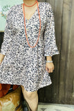 GJQ15312 Leopard printed 3/4 sleeve w/ruffle V-neckline w/side pockets women dresses