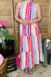 GJQ13495 Multi color striped printed sleeveless maxi dress w/side pockets&waist straps