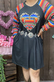 DLH12143 Black & Serape leopard heart printed raglan long sleeve women dress w/side pockets