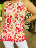 BQ15098 Floral multi color printed sleeveless women top w/fuchsia pompom (AS6)