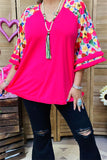 GJQ15231 Multi color floral printed 3/4 sleeve w/fringe trim women fuchsia tops