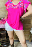 PA15539 Multi color embroidery short sleeve women fuchsia blouse/tops w/string
