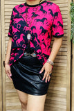 XCH14361 Half fuchsia&black horse short sleeve w/black trim women tops(CS5)