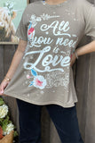 XCH14830 "ALL YOU NEED IS LOVE"words graphic printed tan fabric short sleeve women tops