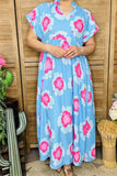 XCH15912 Fuchsia multi color floral printed short sleeve w/double trim long women blue dress w/side pockets