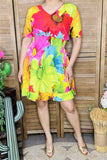 GJQ15888 Colorful big floral printed short sleeve women dress w/side pockets &elastic waist band