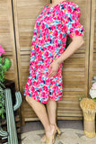 GJQ16005 Fuchsia floral multi color printed short sleeve w/elastic band women dress w/side pockets