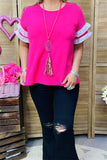 BQ15926 Double pink ruffle short sleeve women fuchsia tops