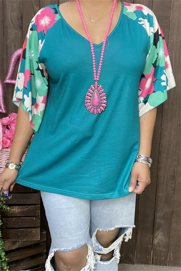 XCH15714 Floral multi color printed short /bell sleeve teal women tops &raglan design