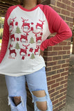 BQ15651 Christmas trees&reindeer printed coral long sleeve raglan design women tops