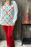 XCH15325 Green/red Christmas elements graphic printed long sleeve w/white lace&tighten cuff women tops