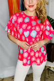 BQ15248 Coral&mint multi color circle graphic printed short bell sleeve women fuchsia tops