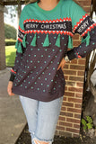 BQ15768 White"MERRY CHRISTMAS"words printed green dot green block solid color long sleeve women tops w/green tassels