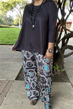 GJQ15672  Black 3/4 sleeve top&paisley turquoise/white color printed  pant 2pcs women sets