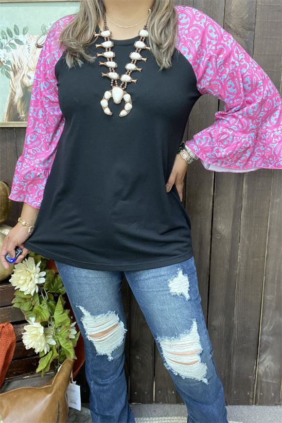 GJQ15595-1 Paisley Fuchsia&teal color printed 3/4 sleeve black solid color for body women tops raglan design