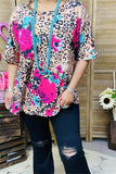 BQ15866 Leopard&fuchsia/teal floral multi color printed short sleeve women tops