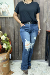 S003 Scratch on the knee blue jean long straight women pants