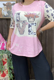 DLH13669 "LVE"letter& leopard graphic multi color printed short sleeve women pink top