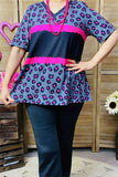 XCH15696 Black/Fuchsia leopard printed short sleeve women tops