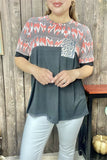 YMY12060 Block black w/feather & leopard front pocket printed short sleeve women top (ES7)