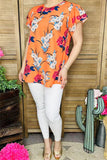 GJQ15656 Floral multi color printed short sleeve/double ruffle women orange tops