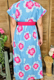 XCH15912 Fuchsia multi color floral printed short sleeve w/double trim long women blue dress w/side pockets